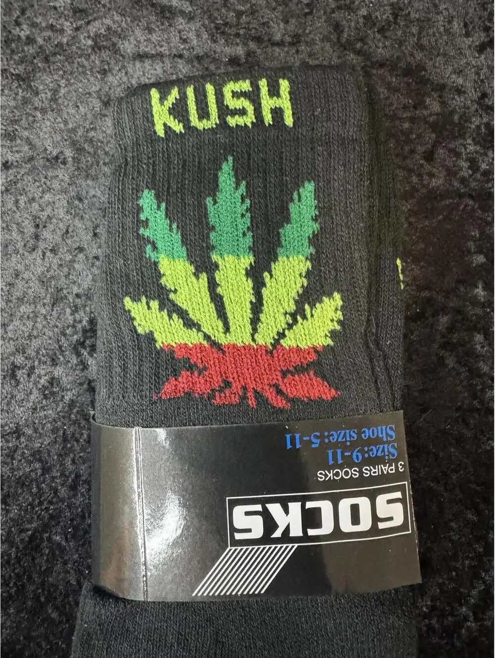 Kush Patterned Black Socks - 3 Pairs, Size 9-11 Crew Socks